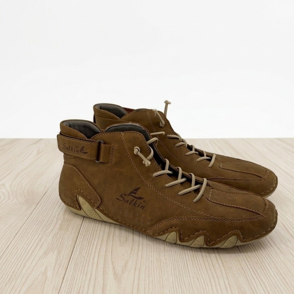 Salkin Mens Tan Mid Top Driving Shoes Sneakers EU 44 Lace Up Ankle Strap Brown